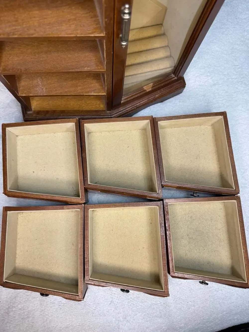 Vintage Wooden Jewelry Armoire with 6 Drawers and Rotating Necklace Carousel